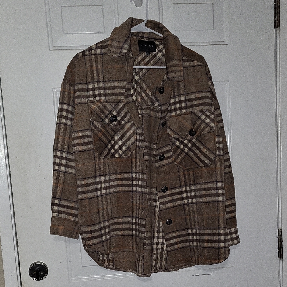 Women's Tan Plaid Shirt Jacket